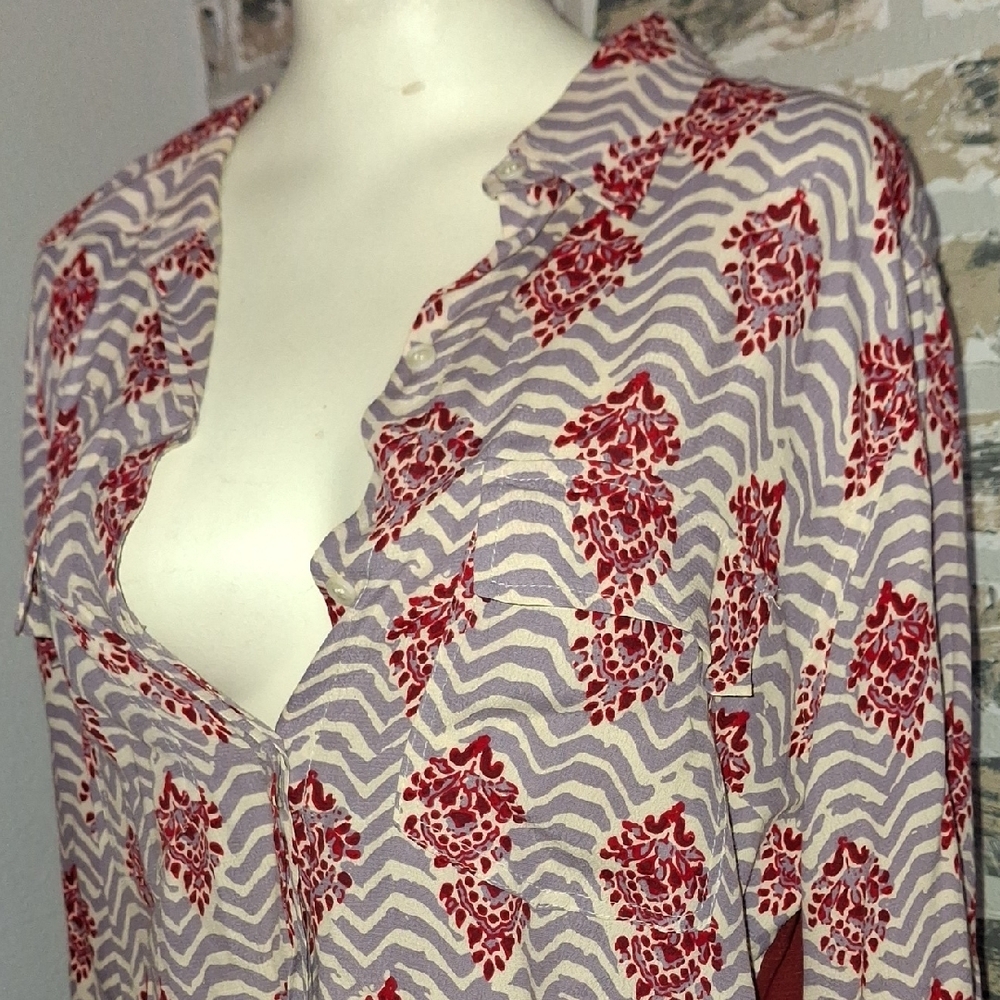 Anthropologie PORRIDGE Red Graphic Long Sleeve Button Down Shirt - Picture 5 of 10